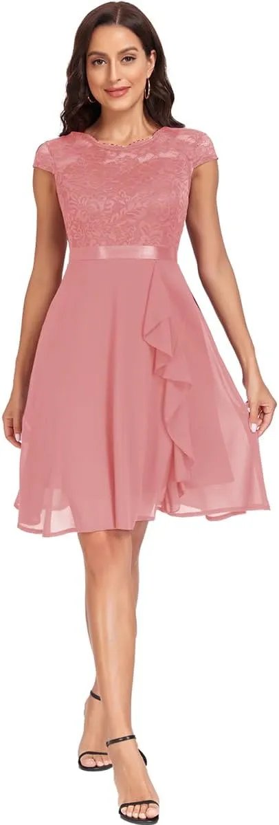 Women's Retro Lace Contrast Chiffon Ruffle Evening Cocktail Dresses, Tea Party Dress for Women 2024 Wedding Dress