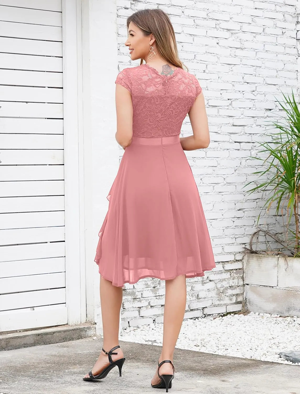 Women's Retro Lace Contrast Chiffon Ruffle Evening Cocktail Dresses, Tea Party Dress for Women 2024 Wedding Dress