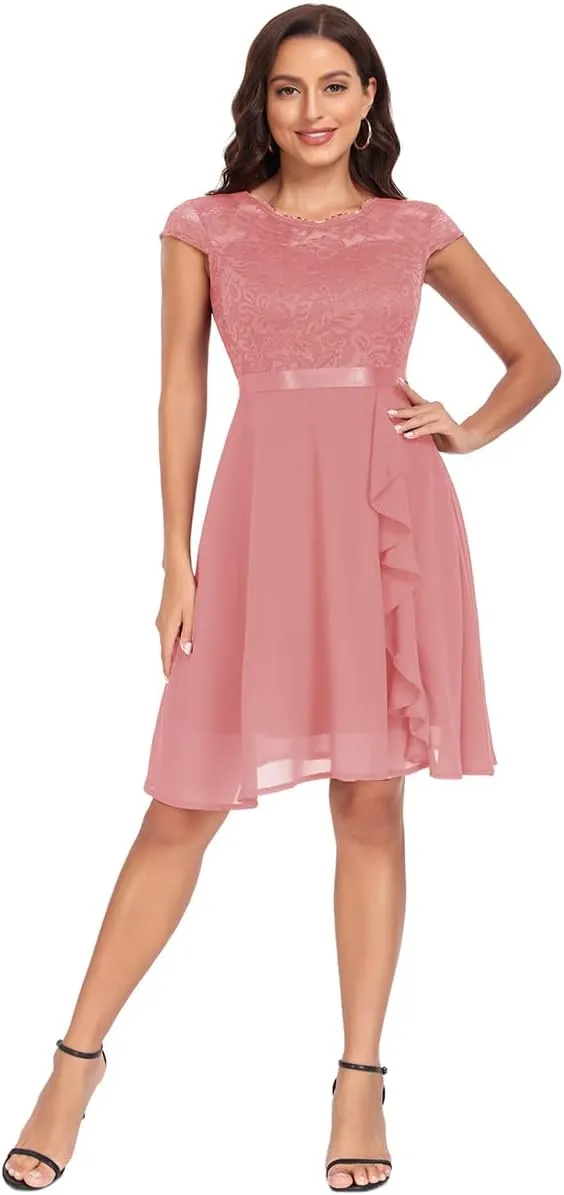Women's Retro Lace Contrast Chiffon Ruffle Evening Cocktail Dresses, Tea Party Dress for Women 2024 Wedding Dress