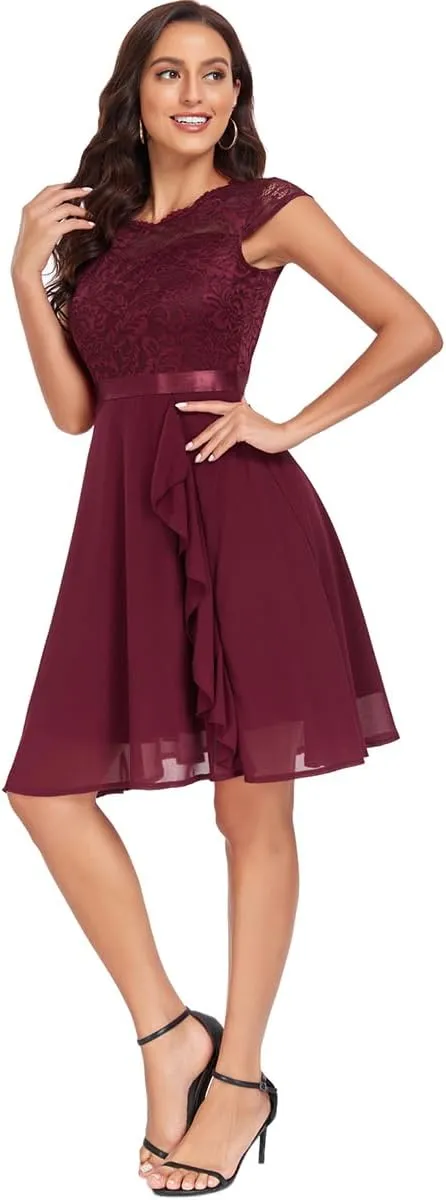 Women's Retro Lace Contrast Chiffon Ruffle Evening Cocktail Dresses, Tea Party Dress for Women 2024 Wedding Dress