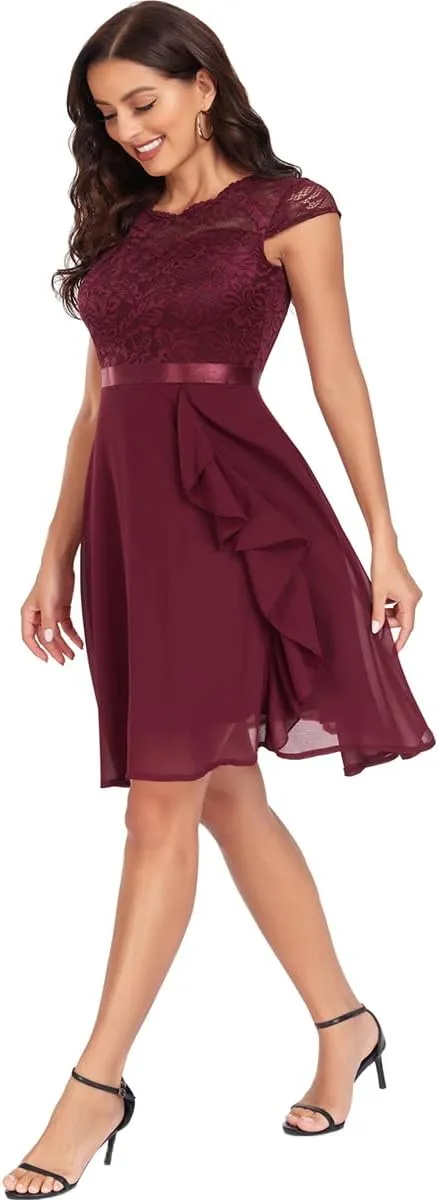 Women's Retro Lace Contrast Chiffon Ruffle Evening Cocktail Dresses, Tea Party Dress for Women 2024 Wedding Dress