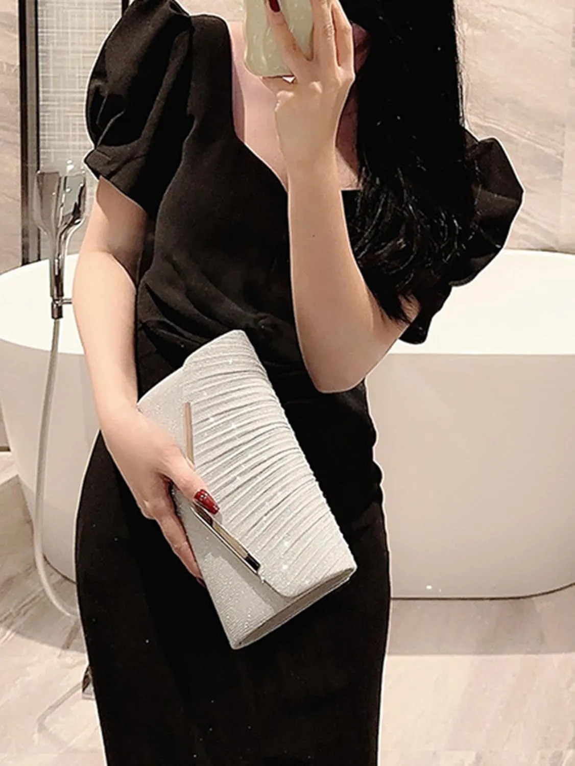 Women's Rhinestone Evening Bag Purse Glitter Clutch Crystal Pearl Party Handbag with Chain