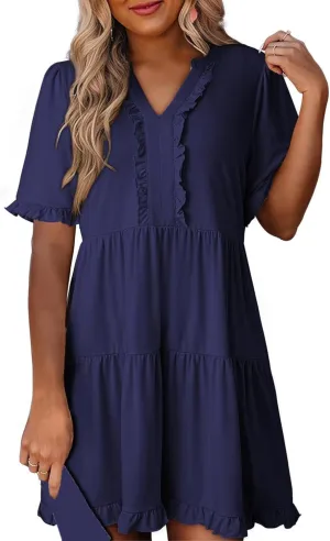 Women's Ruffle Short Sleeve V-Neck Layered Swing Dress Casual A Line Flowy Mini Dresses Tiered Babydoll Sundress