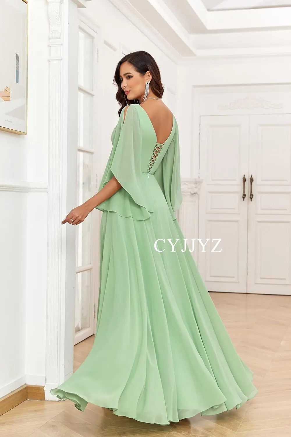 Women's Ruffle Sleeves Chiffon Bridesmaid Dresses for Wedding V Neck Split Flowy Long Formal Evening Dress