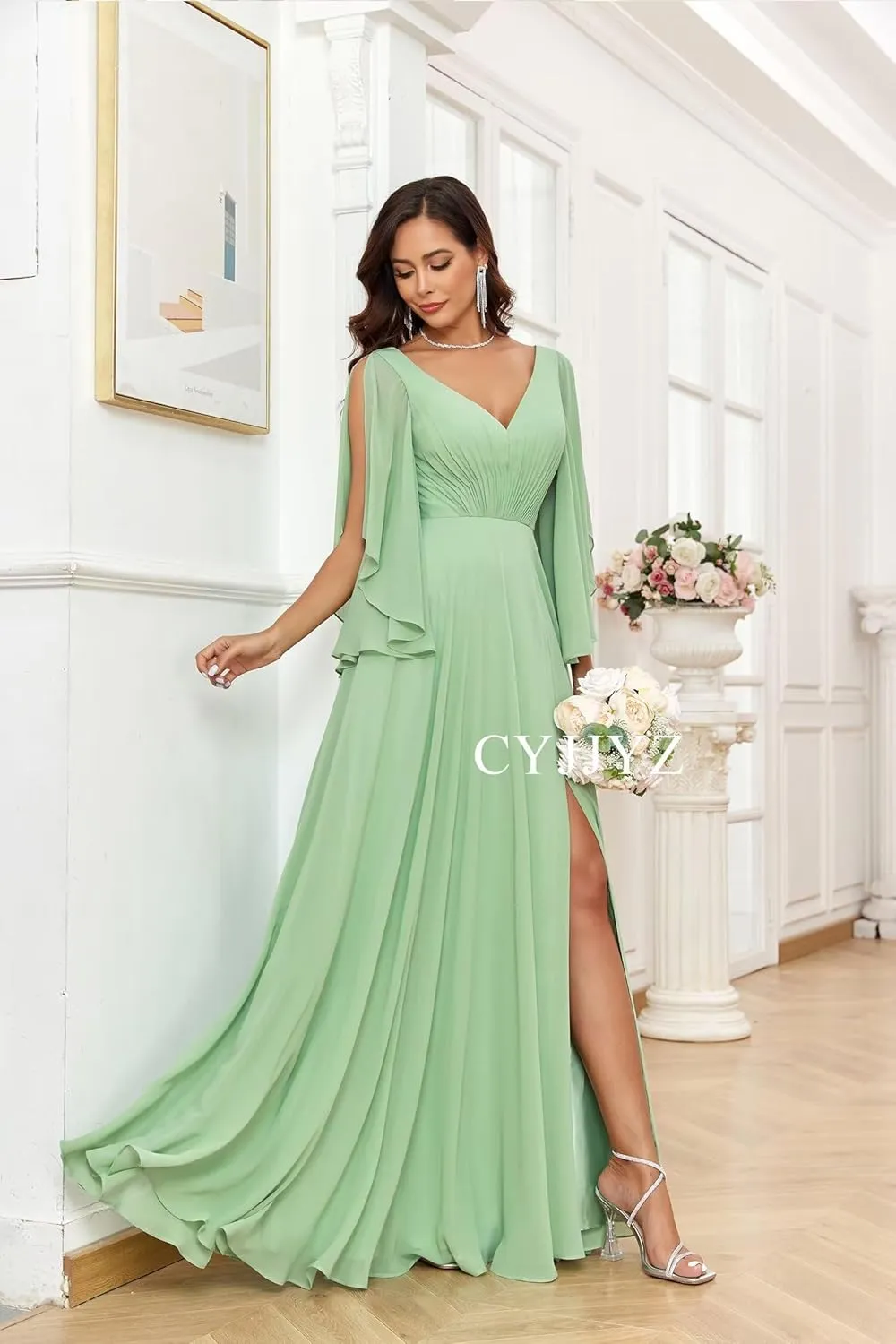 Women's Ruffle Sleeves Chiffon Bridesmaid Dresses for Wedding V Neck Split Flowy Long Formal Evening Dress