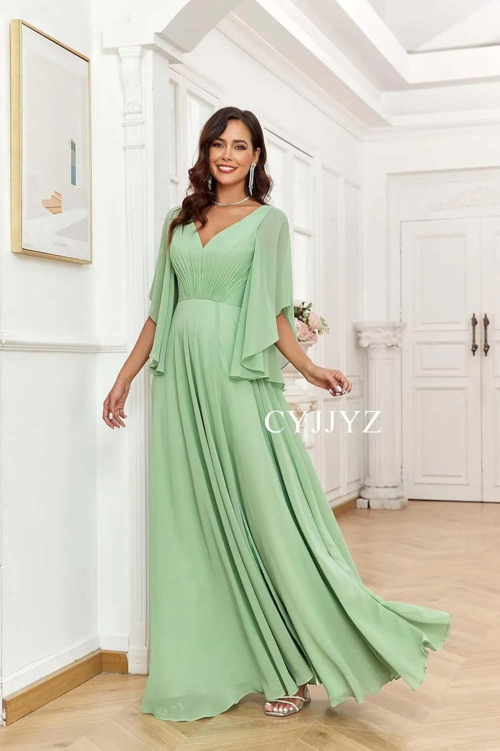 Women's Ruffle Sleeves Chiffon Bridesmaid Dresses for Wedding V Neck Split Flowy Long Formal Evening Dress