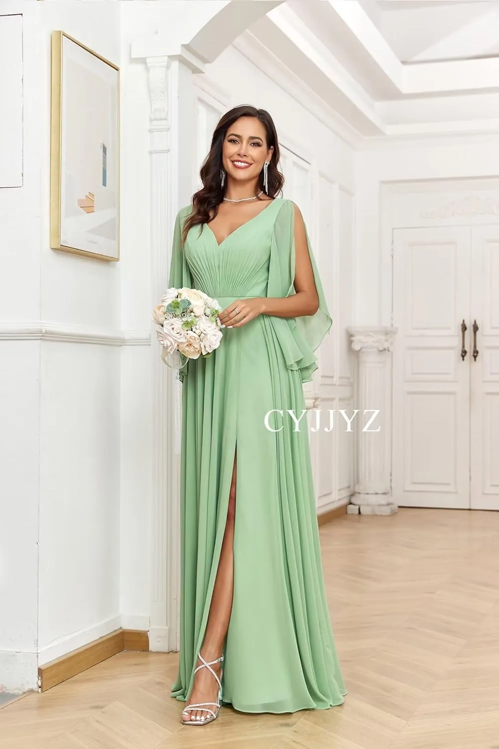 Women's Ruffle Sleeves Chiffon Bridesmaid Dresses for Wedding V Neck Split Flowy Long Formal Evening Dress