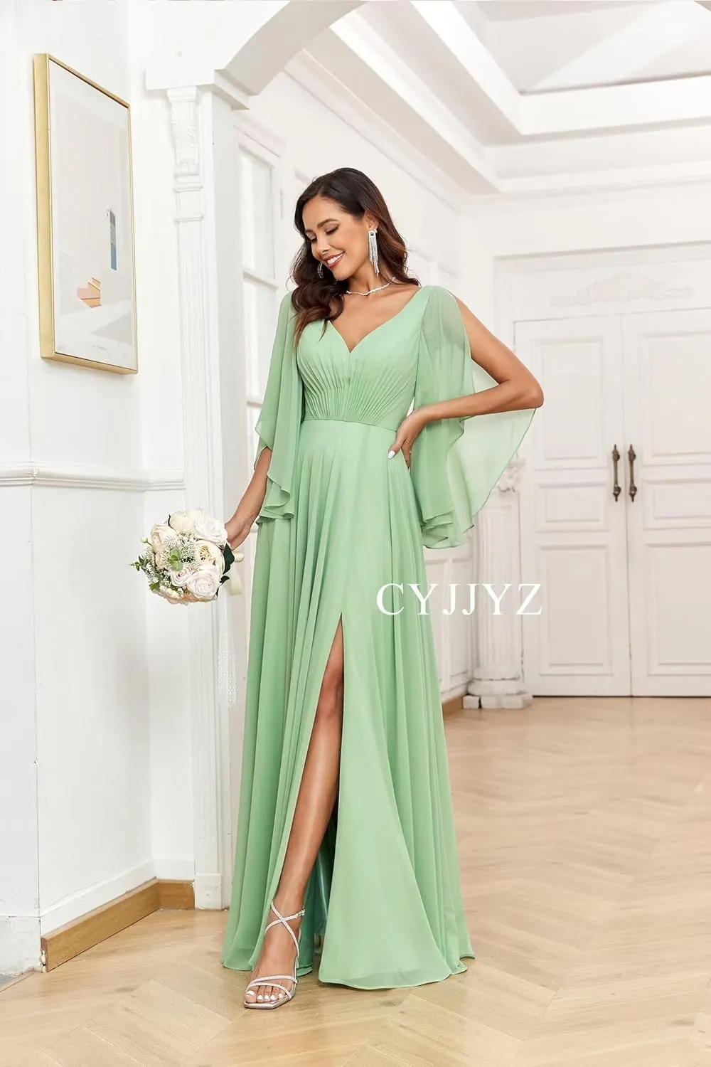 Women's Ruffle Sleeves Chiffon Bridesmaid Dresses for Wedding V Neck Split Flowy Long Formal Evening Dress