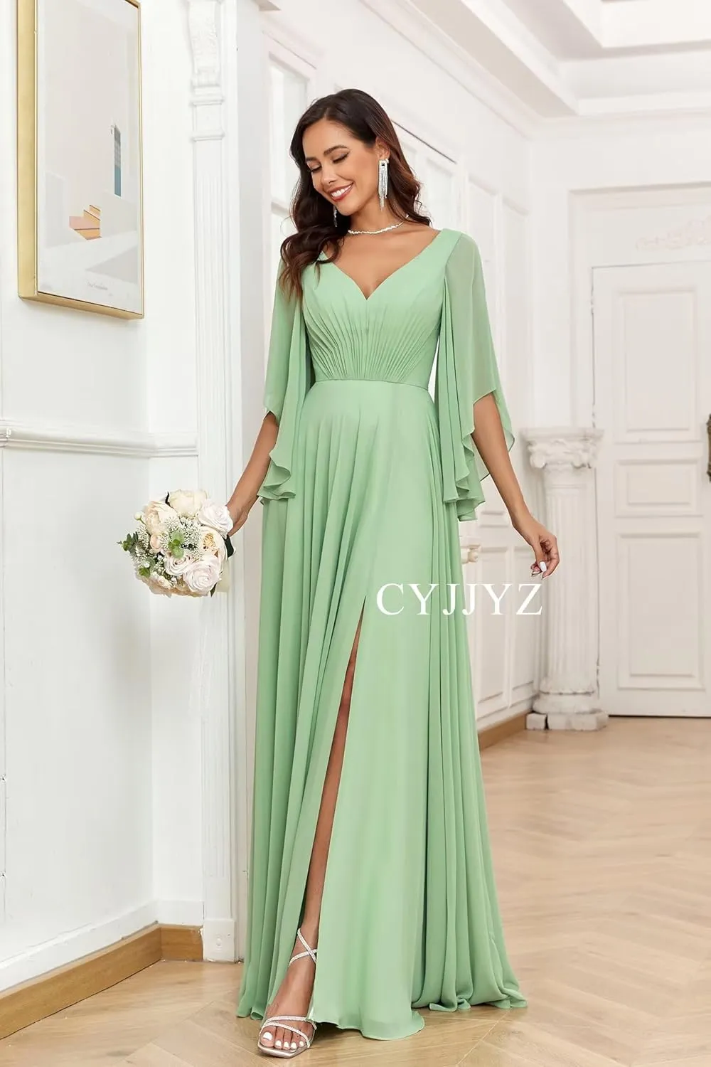 Women's Ruffle Sleeves Chiffon Bridesmaid Dresses for Wedding V Neck Split Flowy Long Formal Evening Dress