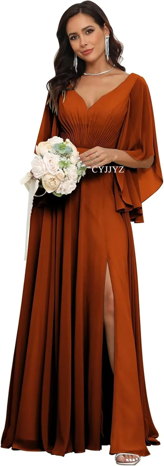 Women's Ruffle Sleeves Chiffon Bridesmaid Dresses for Wedding V Neck Split Flowy Long Formal Evening Dress
