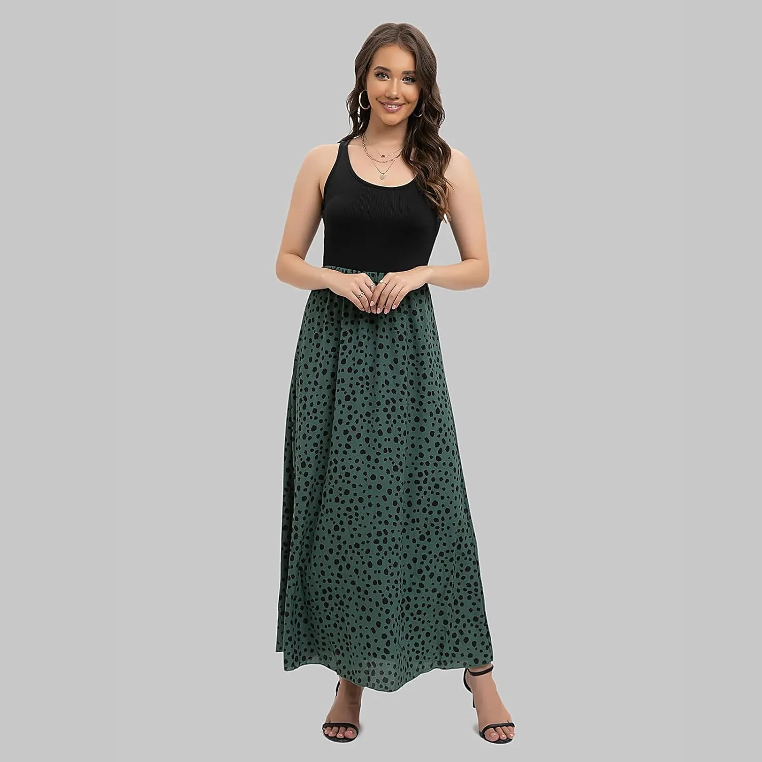 Women's Scoop Neck Sundress Sleeveless Summer Casual Contrast Flowy Beach Strap Long Dresses