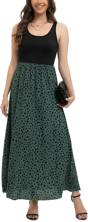 Women's Scoop Neck Sundress Sleeveless Summer Casual Contrast Flowy Beach Strap Long Dresses
