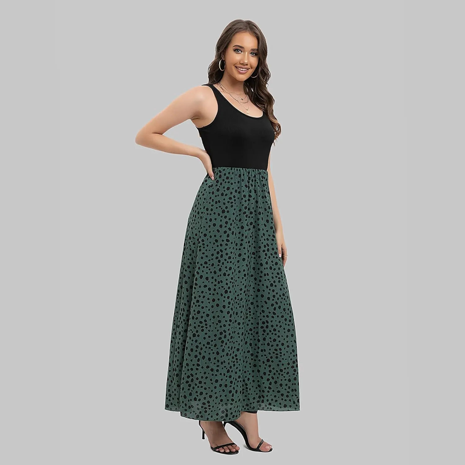Women's Scoop Neck Sundress Sleeveless Summer Casual Contrast Flowy Beach Strap Long Dresses