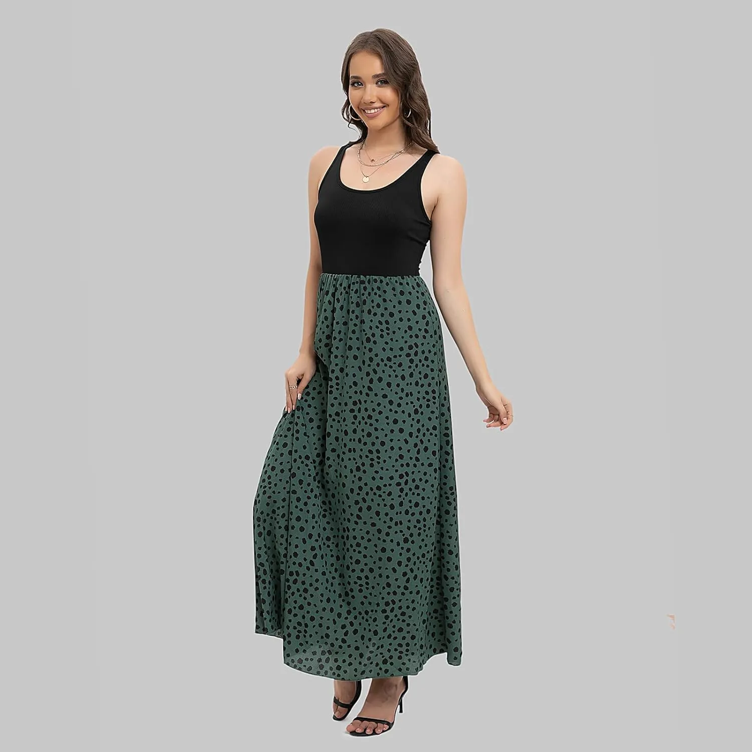 Women's Scoop Neck Sundress Sleeveless Summer Casual Contrast Flowy Beach Strap Long Dresses