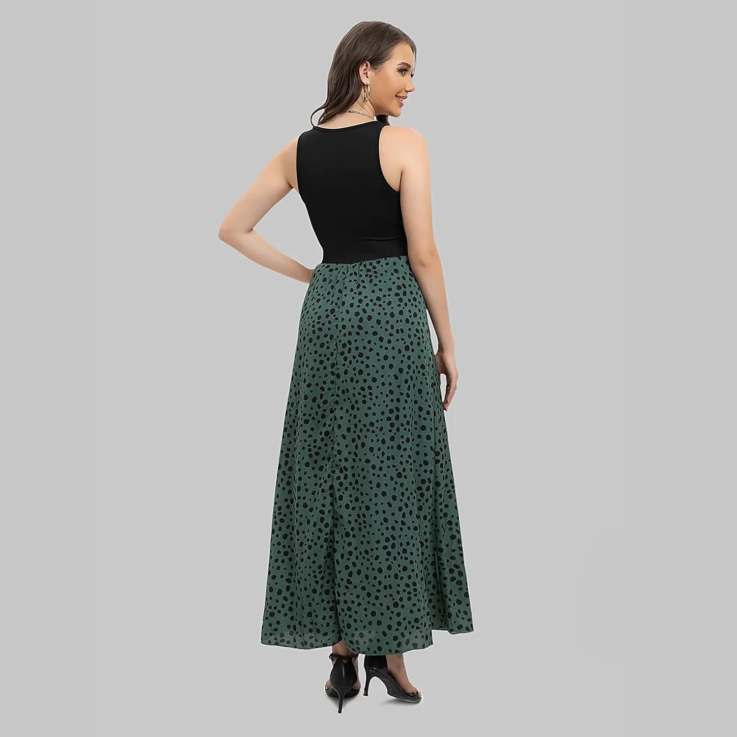 Women's Scoop Neck Sundress Sleeveless Summer Casual Contrast Flowy Beach Strap Long Dresses