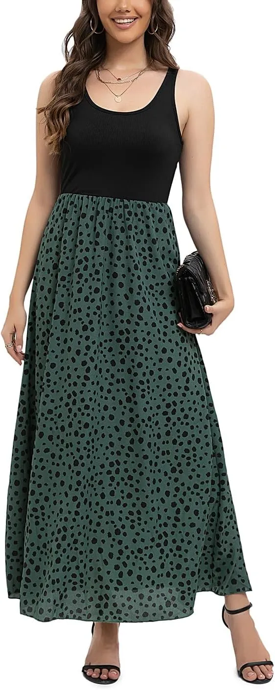 Women's Scoop Neck Sundress Sleeveless Summer Casual Contrast Flowy Beach Strap Long Dresses