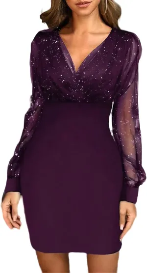 Women's Sexy Elegant Trendy Long Sleeve V-Neck Sequin Lace Mesh Midi Cocktail Party Dresses, S-2XL