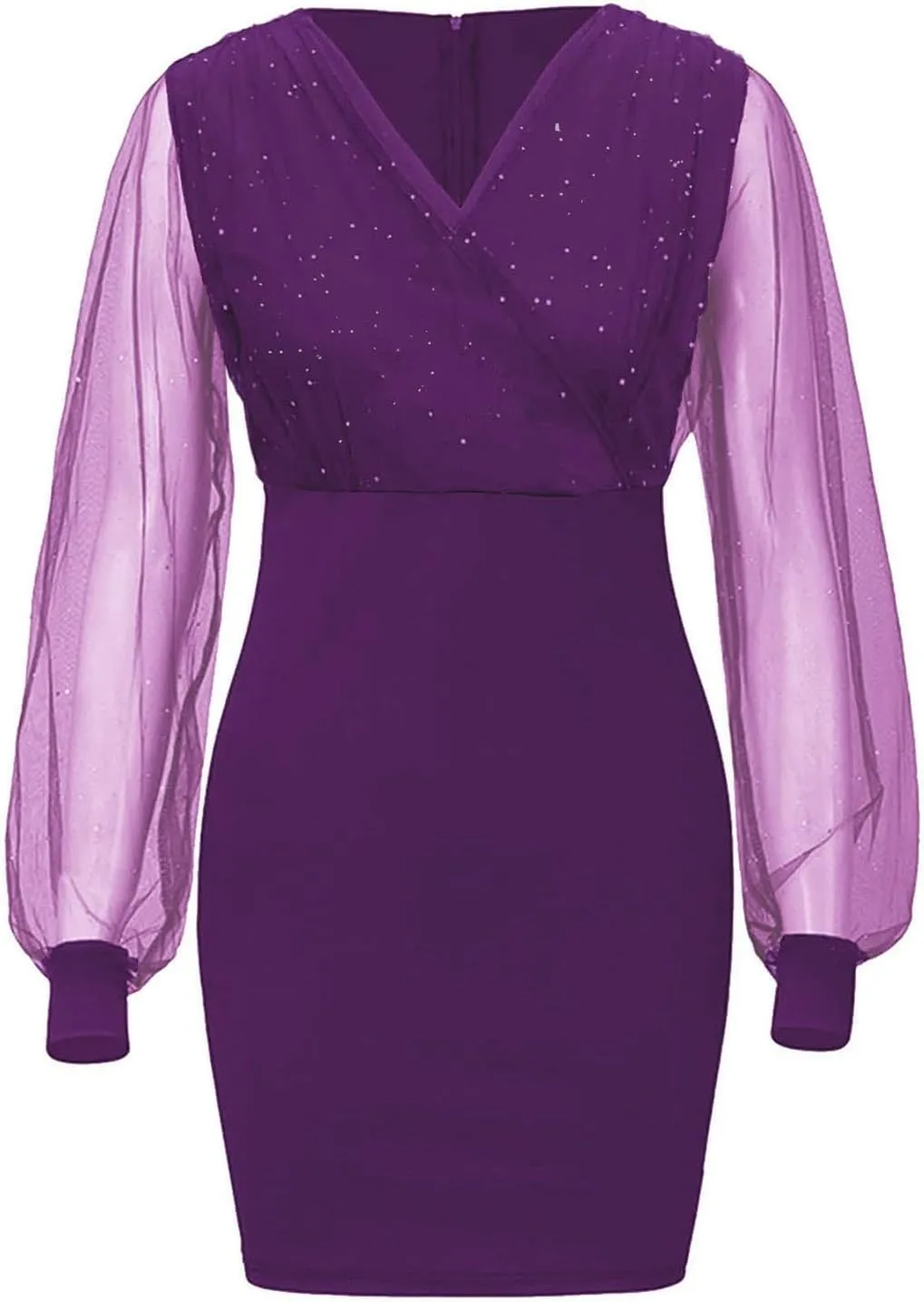 Women's Sexy Elegant Trendy Long Sleeve V-Neck Sequin Lace Mesh Midi Cocktail Party Dresses, S-2XL
