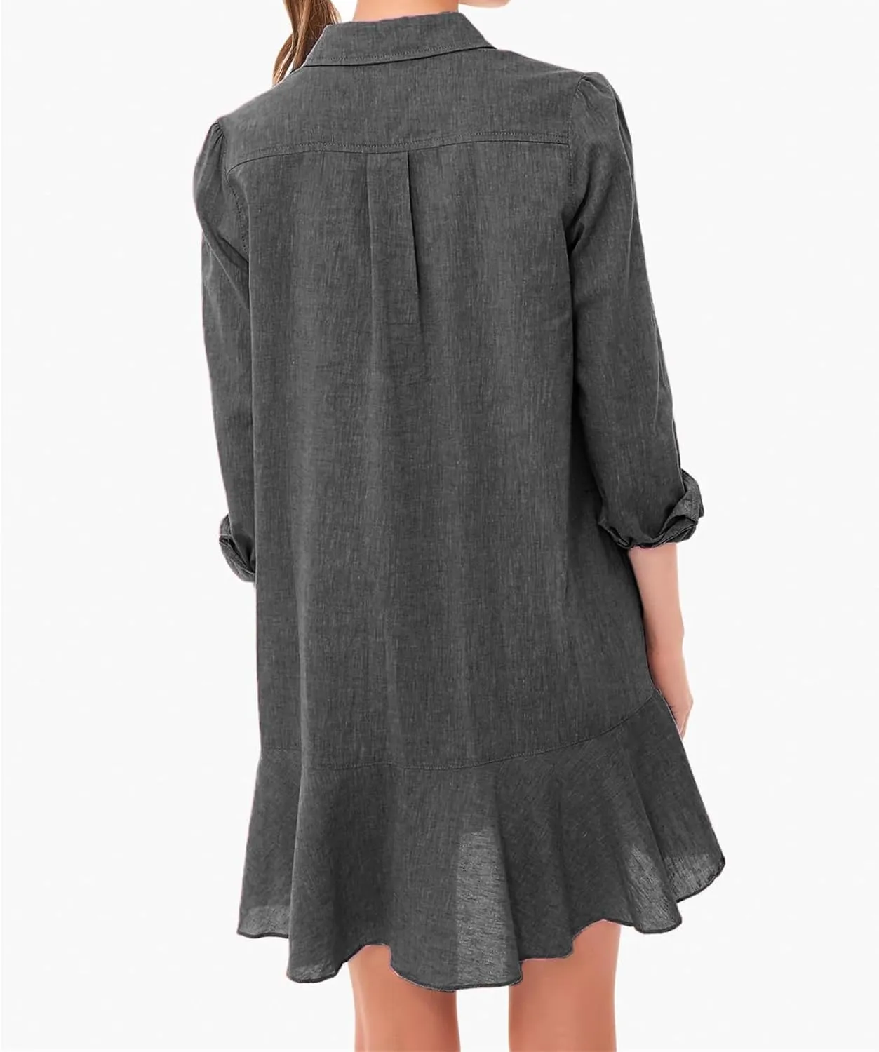 Women's Shirt Dress Lapel Long Sleeve Button Down Mini Dresses Solid Flowy Ruffle Hem Swing Summer Loose Dress