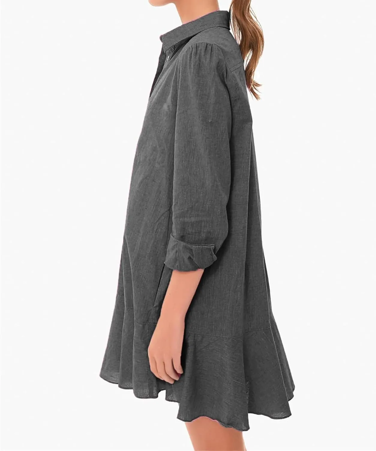 Women's Shirt Dress Lapel Long Sleeve Button Down Mini Dresses Solid Flowy Ruffle Hem Swing Summer Loose Dress