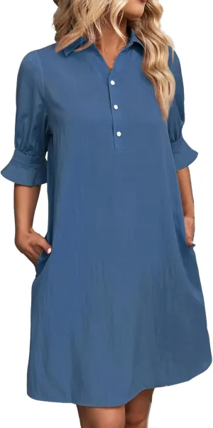 Womens Shirt Dresses Midi Length 3/4 Ruffle Sleeve Summer Dress Button Down Shift Lightweight Sundresses 2025 Trendy