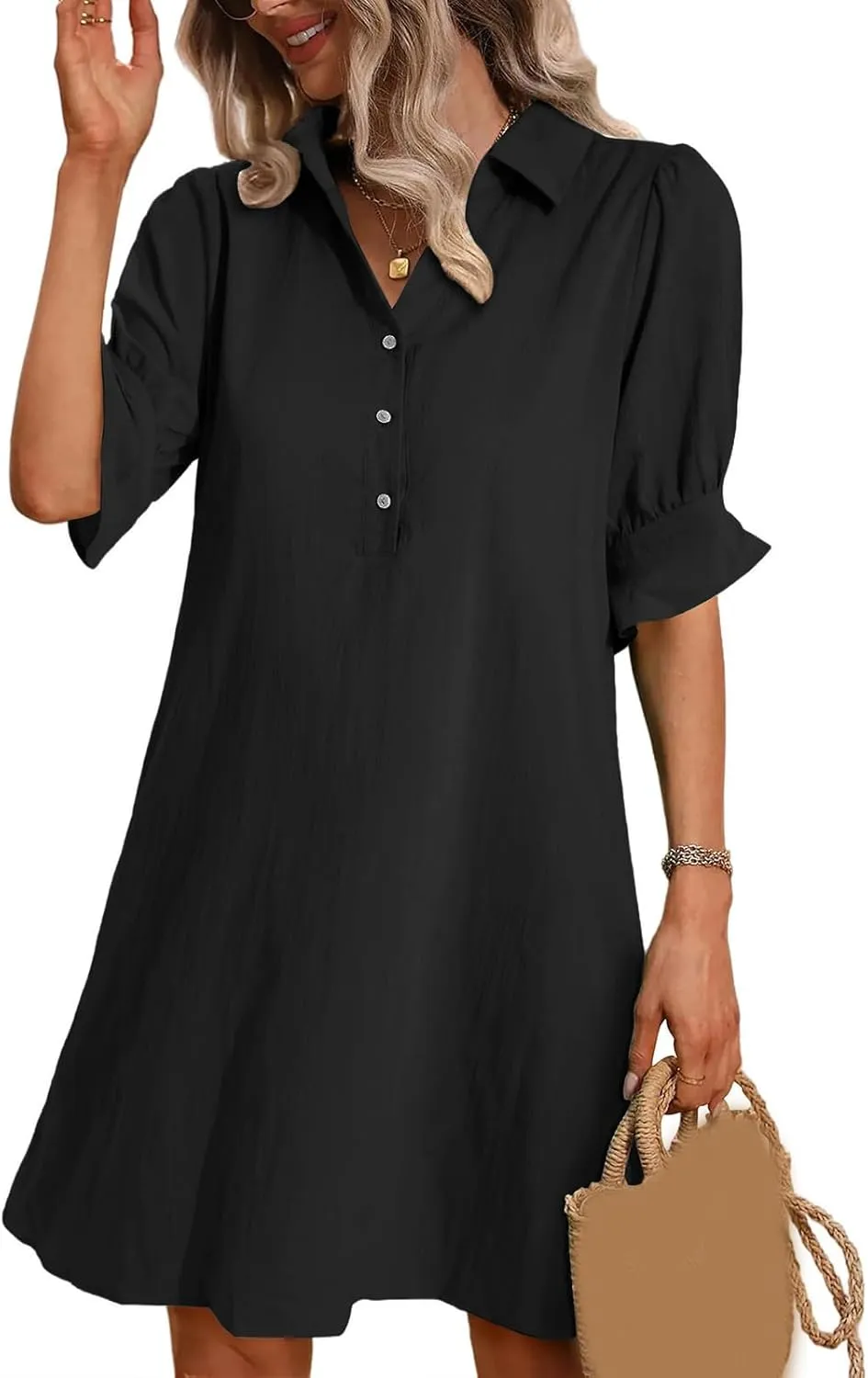 Womens Shirt Dresses Midi Length 3/4 Ruffle Sleeve Summer Dress Button Down Shift Lightweight Sundresses 2025 Trendy