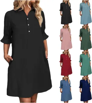 Womens Shirt Dresses Midi Length 3/4 Ruffle Sleeve Summer Dress Button Down Shift Lightweight Sundresses 2025 Trendy
