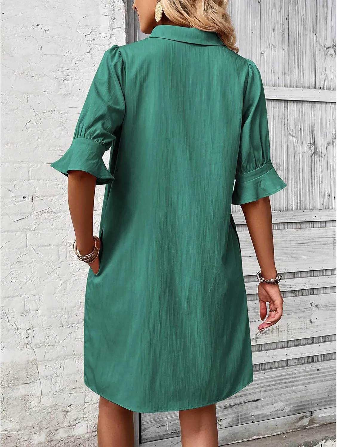 Womens Shirt Dresses Midi Length 3/4 Ruffle Sleeve Summer Dress Button Down Shift Lightweight Sundresses 2025 Trendy