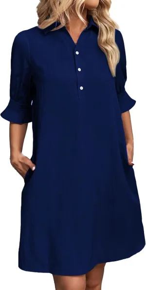 Womens Shirt Dresses Midi Length 3/4 Ruffle Sleeve Summer Dress Button Down Shift Lightweight Sundresses 2025 Trendy