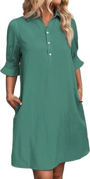 Womens Shirt Dresses Midi Length 3/4 Ruffle Sleeve Summer Dress Button Down Shift Lightweight Sundresses 2025 Trendy