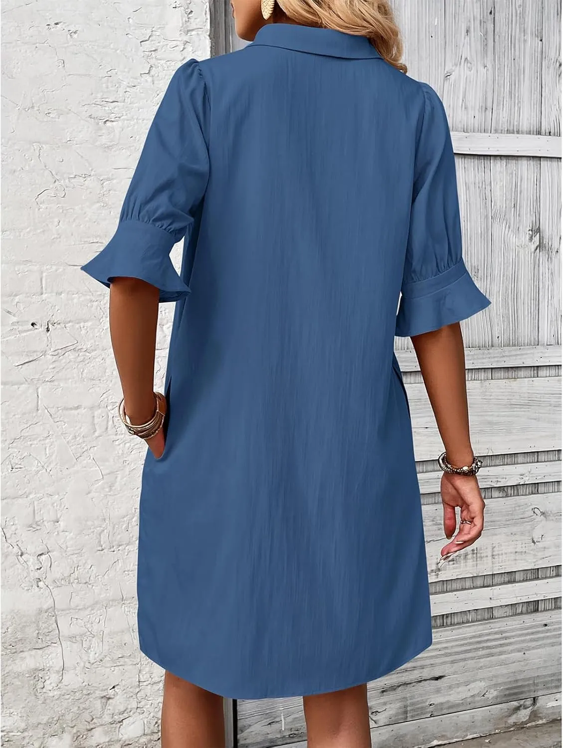 Womens Shirt Dresses Midi Length 3/4 Ruffle Sleeve Summer Dress Button Down Shift Lightweight Sundresses 2025 Trendy