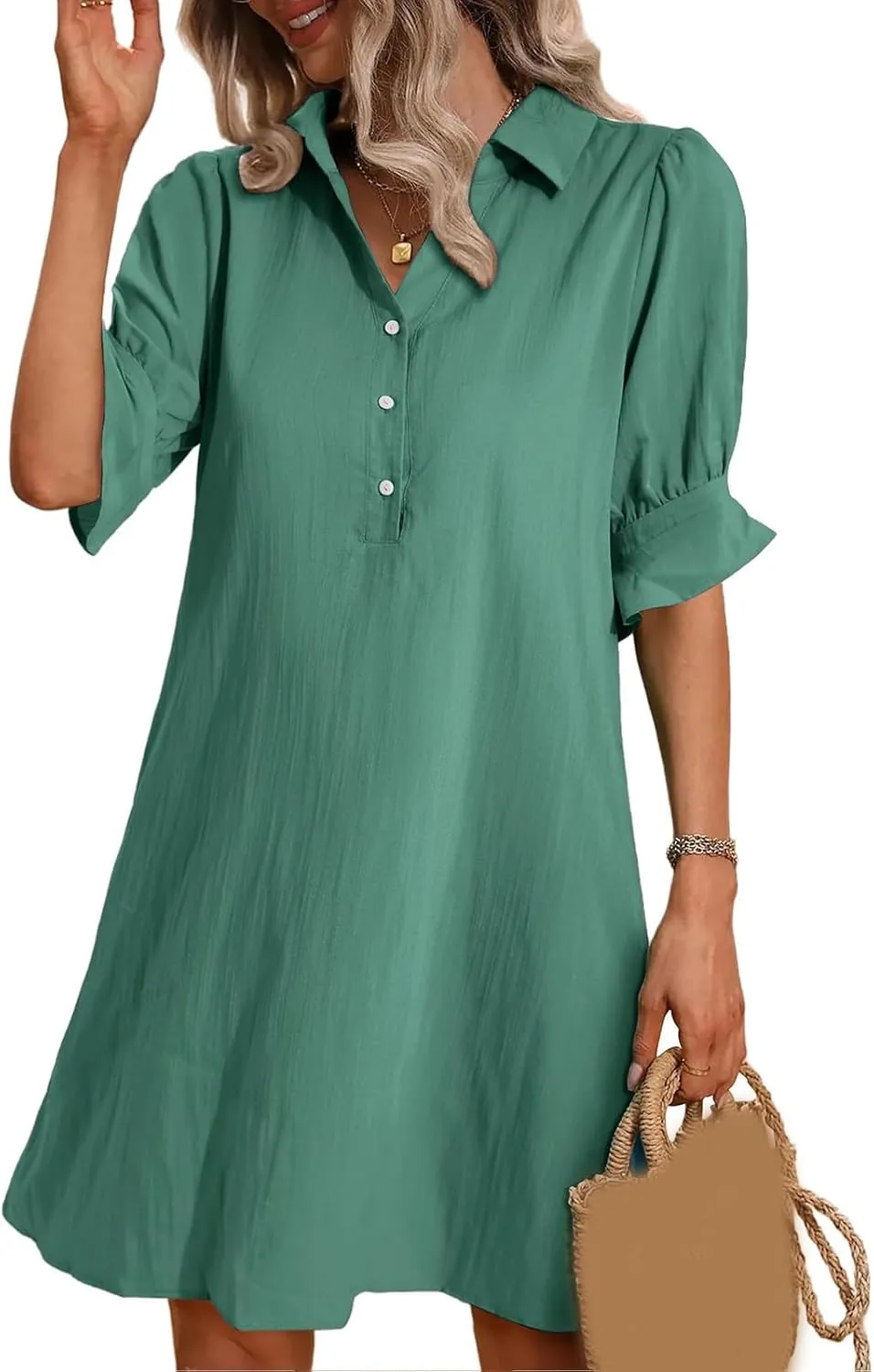 Womens Shirt Dresses Midi Length 3/4 Ruffle Sleeve Summer Dress Button Down Shift Lightweight Sundresses 2025 Trendy