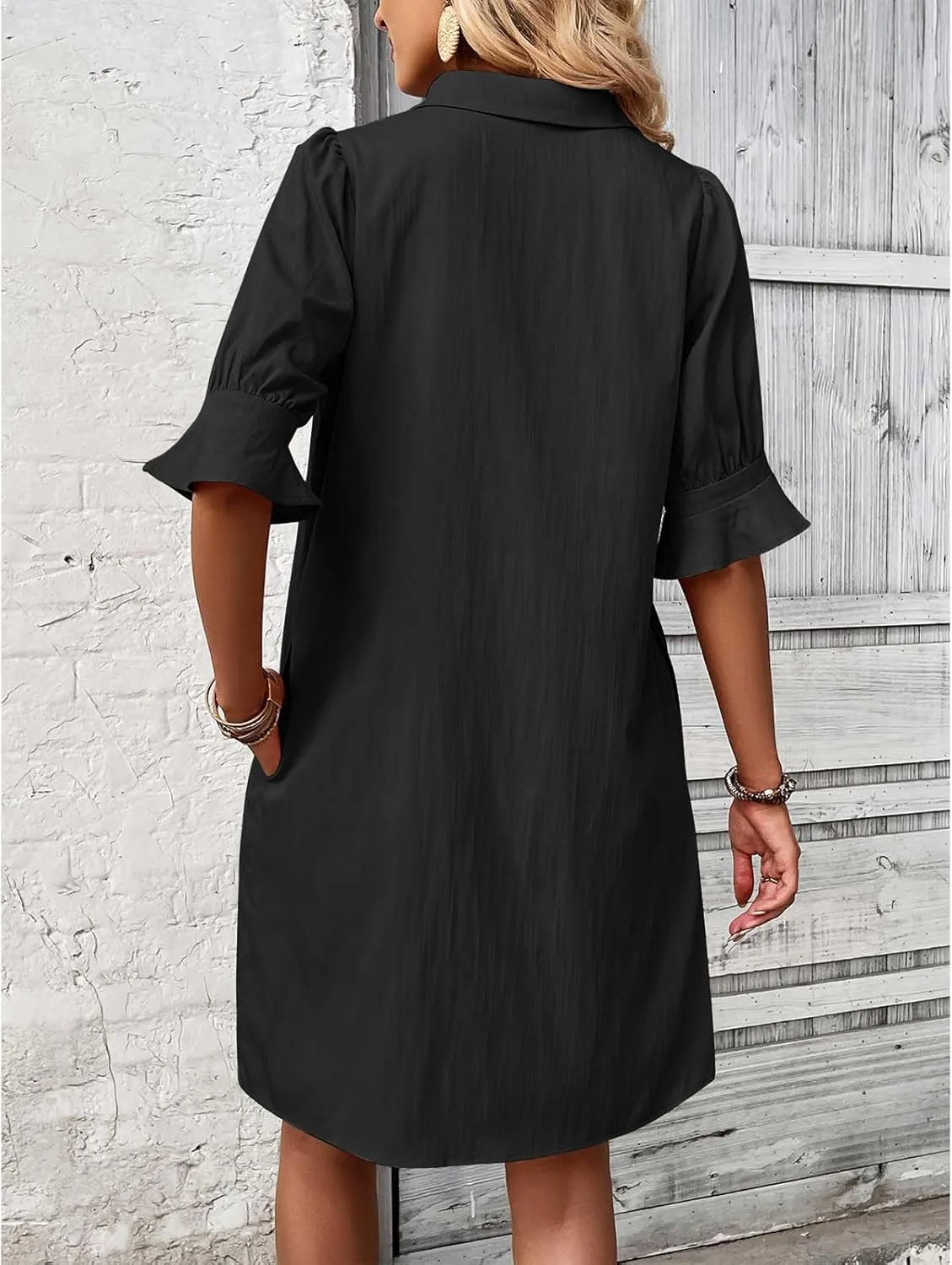 Womens Shirt Dresses Midi Length 3/4 Ruffle Sleeve Summer Dress Button Down Shift Lightweight Sundresses 2025 Trendy