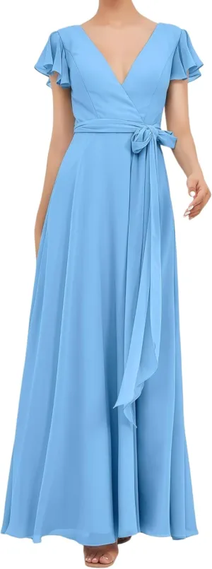 Women's Short Sleeve Bridesmaid Dresses V-Neck Long A Line Ruched Formal Chiffon Evening Gowns
