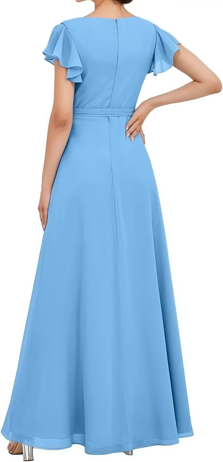 Women's Short Sleeve Bridesmaid Dresses V-Neck Long A Line Ruched Formal Chiffon Evening Gowns