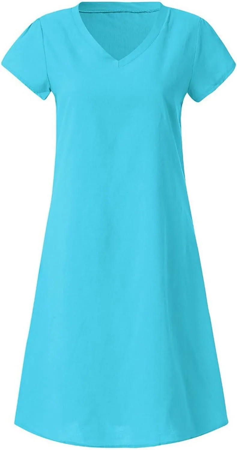 Womens Short Sleeve Cotton Linen Beach Dresses Simple Solid Color A Line Sundress V-Neck Loose Clothes