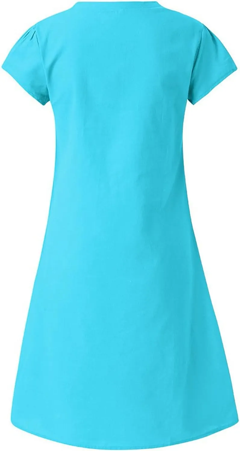 Womens Short Sleeve Cotton Linen Beach Dresses Simple Solid Color A Line Sundress V-Neck Loose Clothes