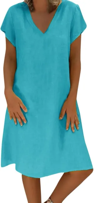 Womens Short Sleeve Cotton Linen Beach Dresses Simple Solid Color A Line Sundress V-Neck Loose Clothes