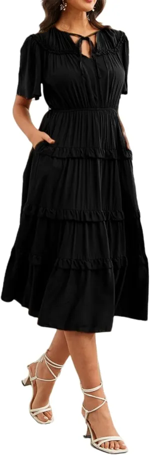 Women's Short Sleeve Summer Casual Pleated Long Ruffle Flowy Dresses with Pockets