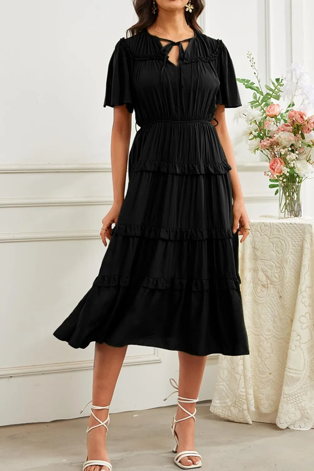 Women's Short Sleeve Summer Casual Pleated Long Ruffle Flowy Dresses with Pockets