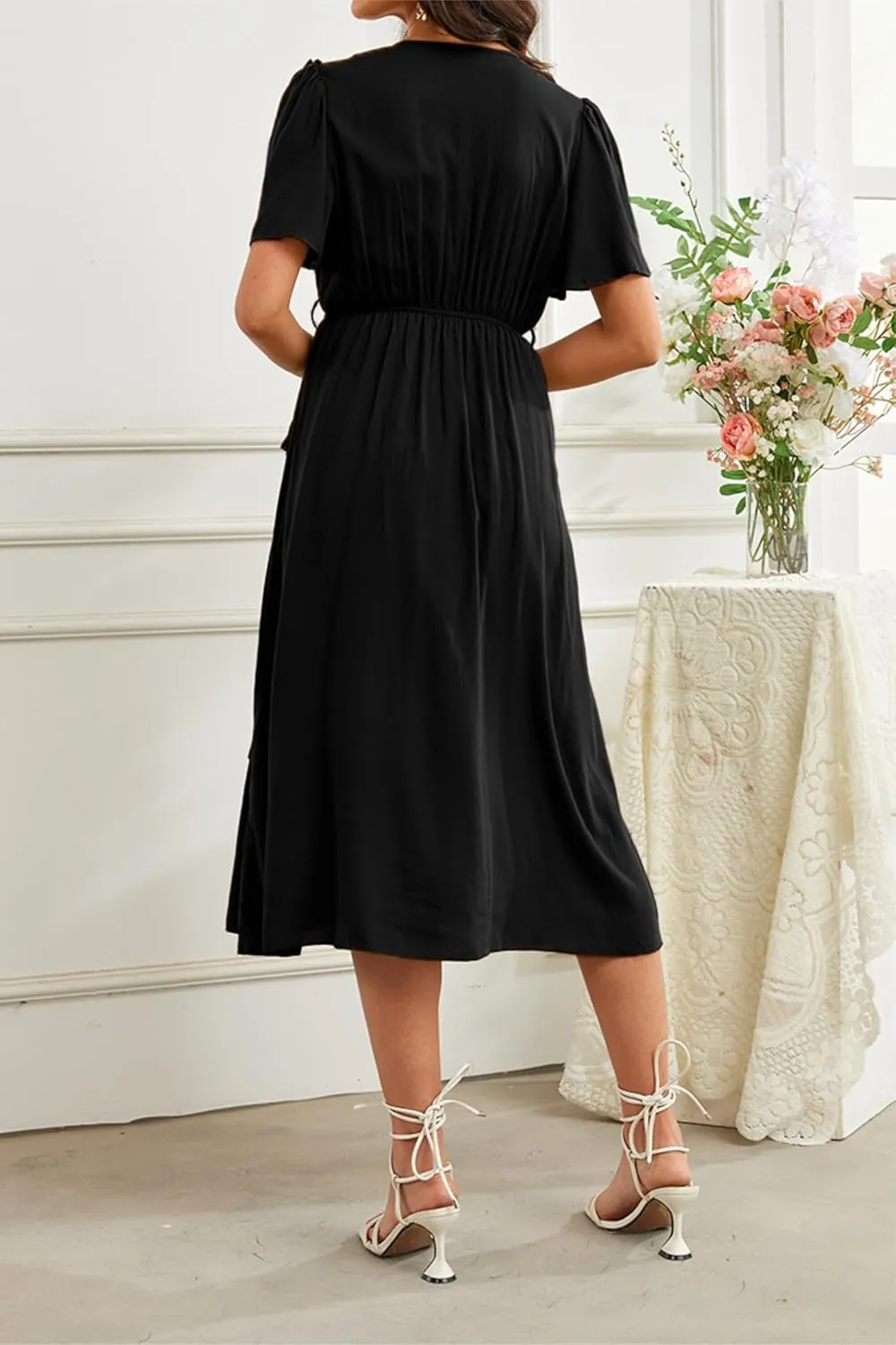 Women's Short Sleeve Summer Casual Pleated Long Ruffle Flowy Dresses with Pockets