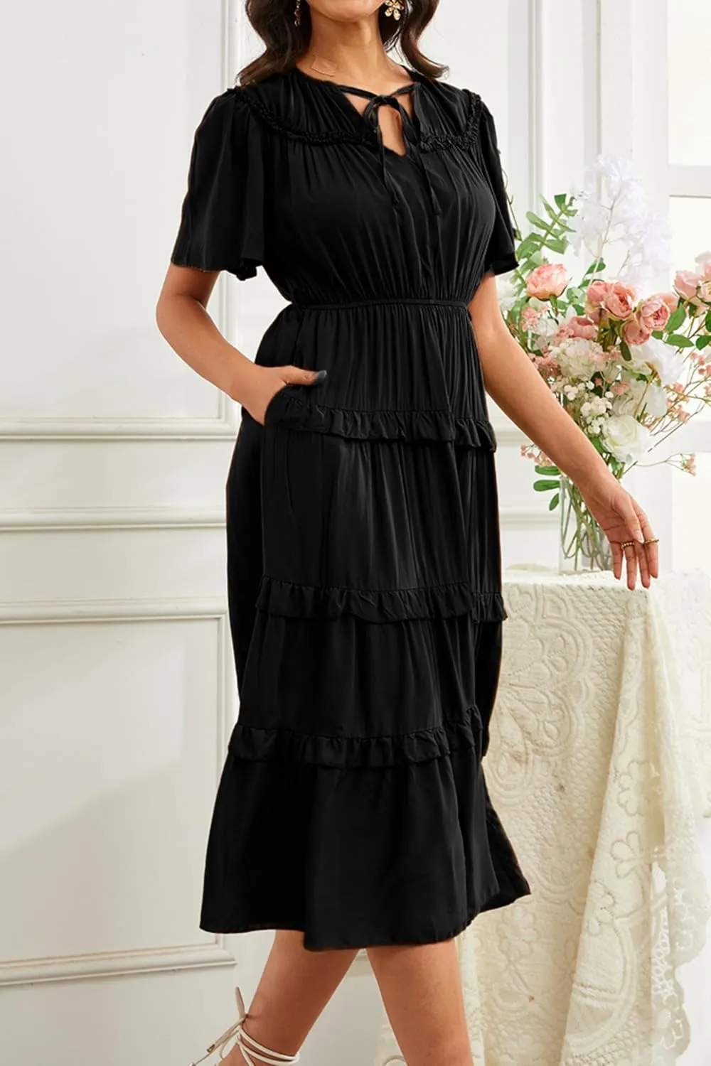 Women's Short Sleeve Summer Casual Pleated Long Ruffle Flowy Dresses with Pockets