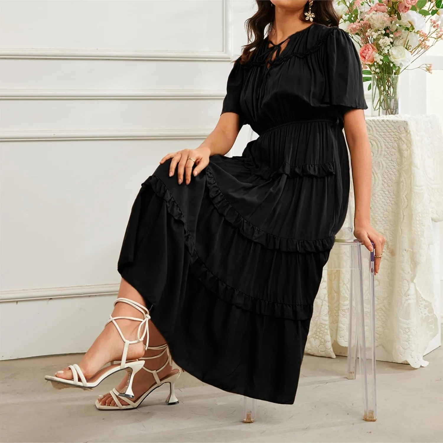 Women's Short Sleeve Summer Casual Pleated Long Ruffle Flowy Dresses with Pockets