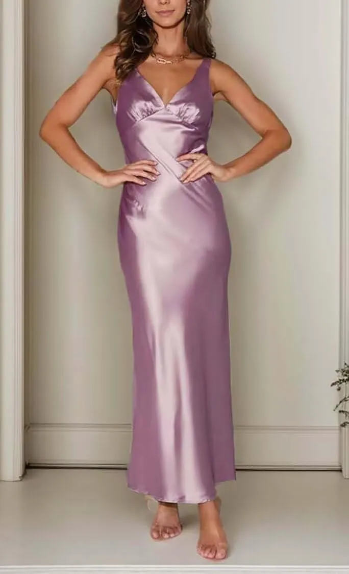 Women's Silk Satin Backless V Neck Formal Dress Sleeveless Midi Wedding Guest Evening Dresses