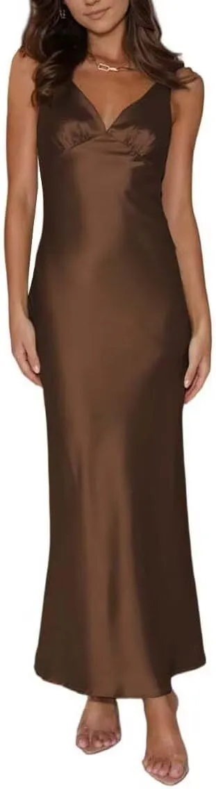 Women's Silk Satin Backless V Neck Formal Dress Sleeveless Midi Wedding Guest Evening Dresses