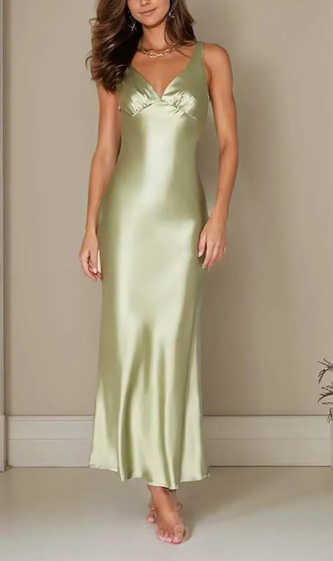 Women's Silk Satin Backless V Neck Formal Dress Sleeveless Midi Wedding Guest Evening Dresses