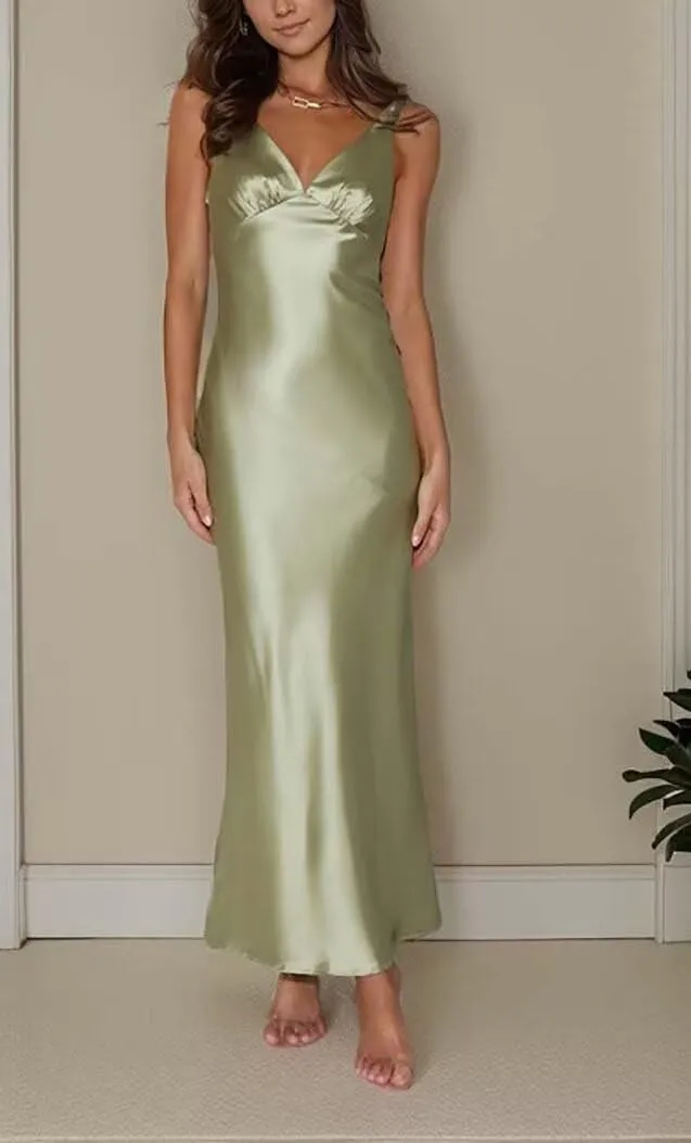 Women's Silk Satin Backless V Neck Formal Dress Sleeveless Midi Wedding Guest Evening Dresses