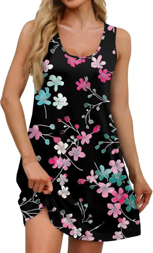Women's Sleeveless Floral Print Summer Dress, Casual Loose Fit, Lightweight, Beach Wear, Sizes S-XXL
