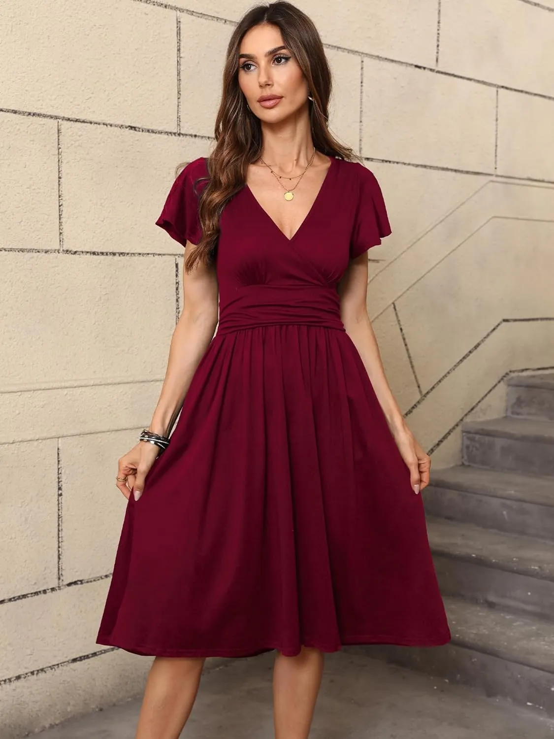 Women's Spring Summer Casual Ruffle Short Sleeve Wrap V-Neck A-Line Loose Fit Swing Party Midi Dress with Pockets