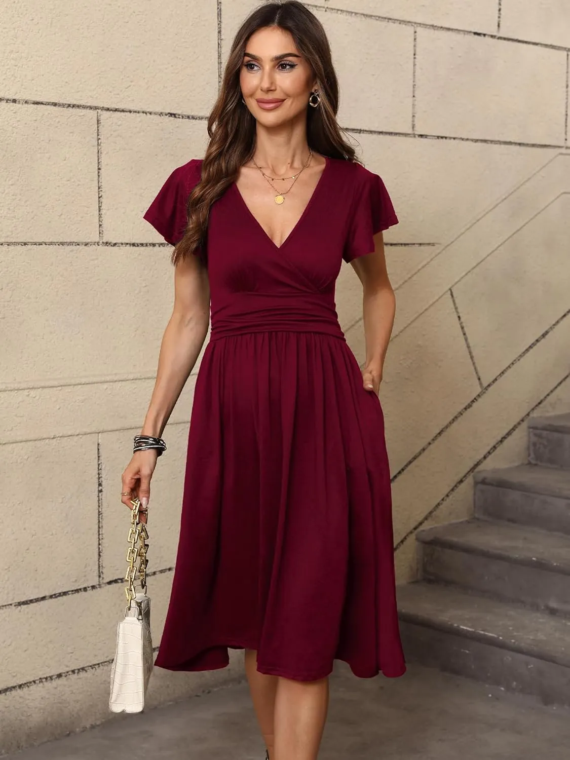 Women's Spring Summer Casual Ruffle Short Sleeve Wrap V-Neck A-Line Loose Fit Swing Party Midi Dress with Pockets